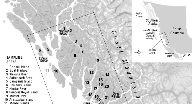 Partial close up of a map from the coastal wolves report of 2000 pilot study.
