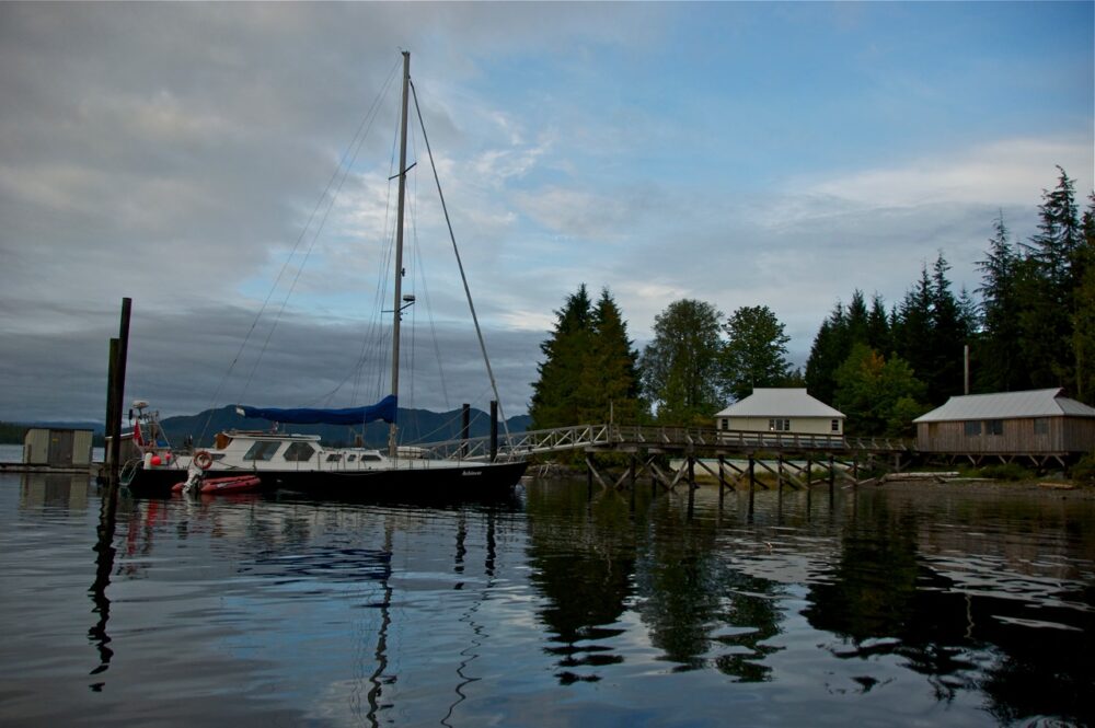 The sailboat, Achiever, docks for the evening.
