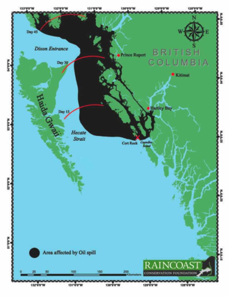 Map of BC's central coast, highlighting potential oil spill areas from tanker locations