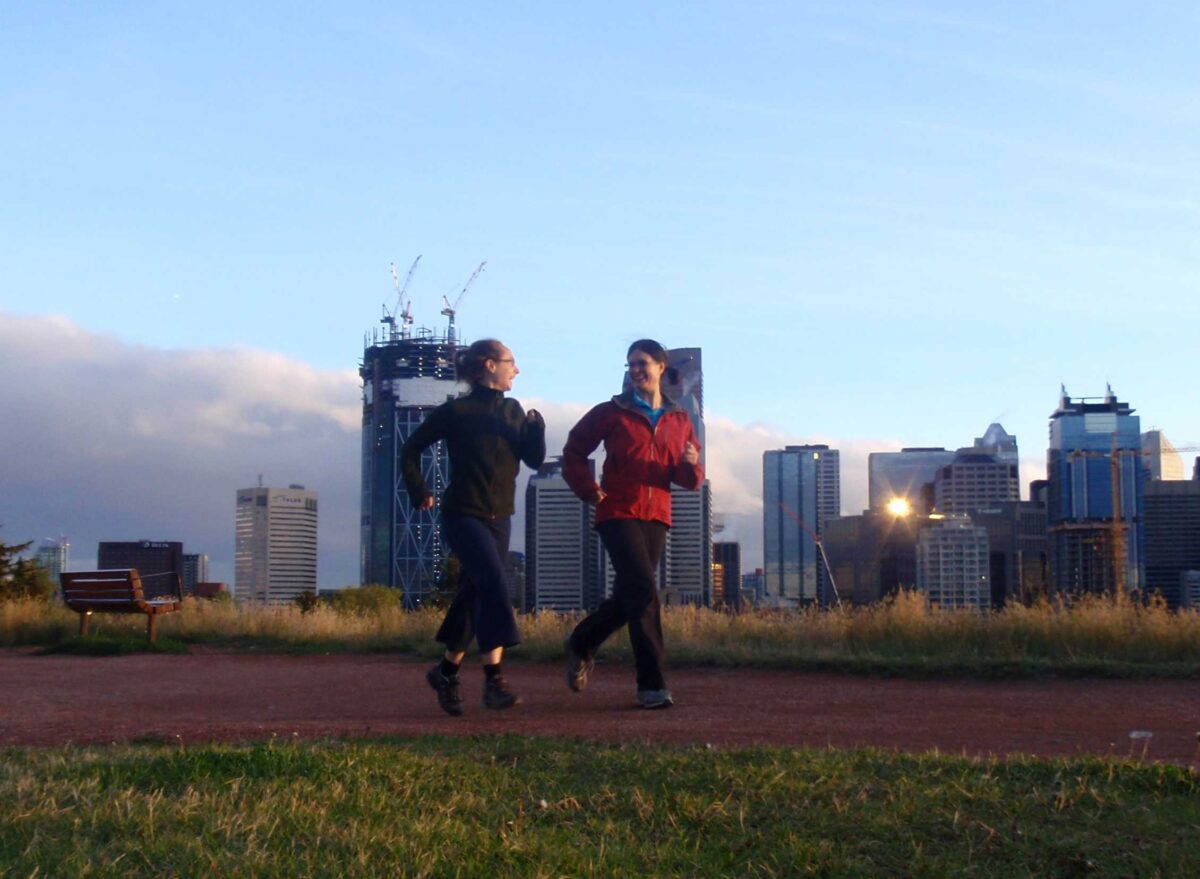 A city skyline in the background.