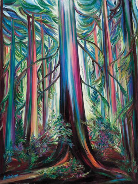 A painting of a forest with colorful trees.
