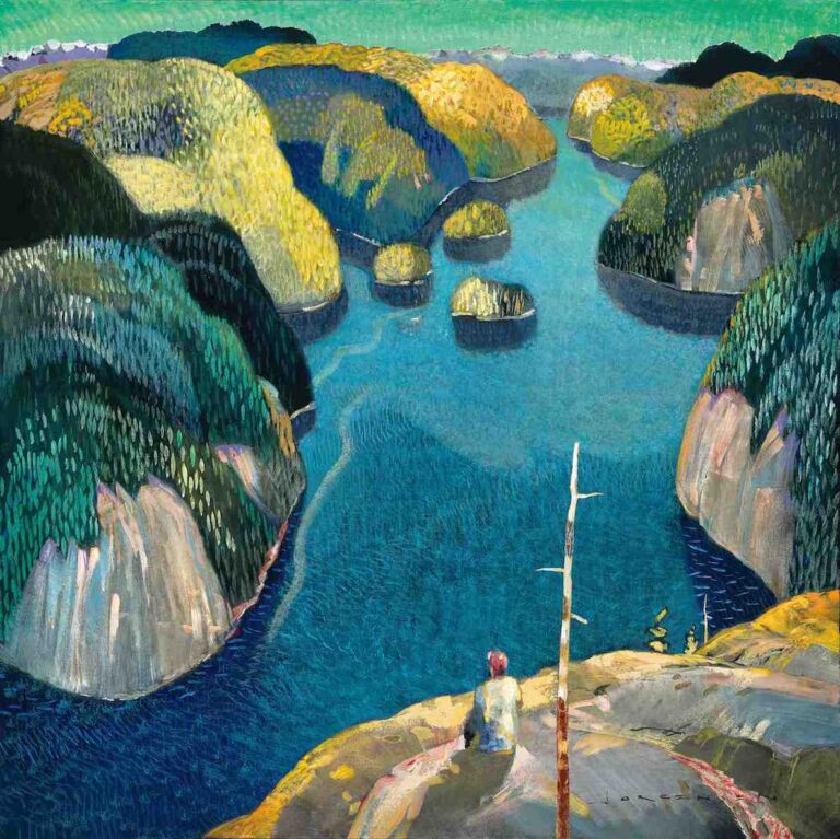 A painting of a man on a cliff overlooking a lake.