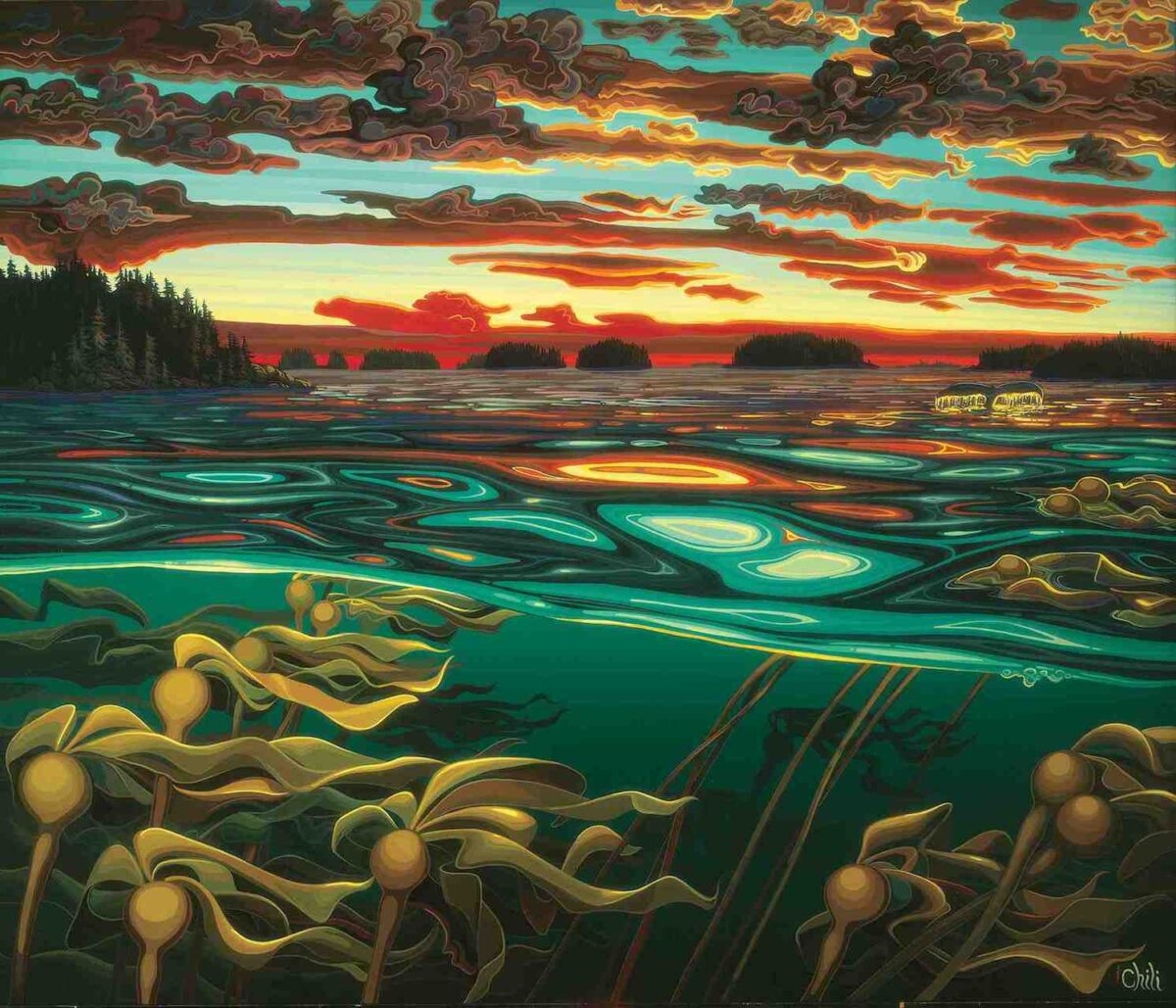 A painting of a sunset over a body of water.