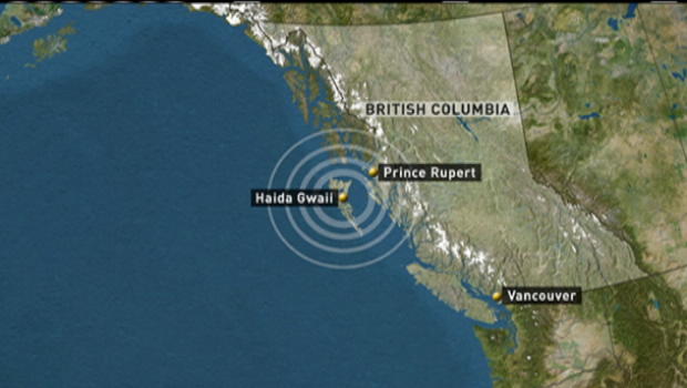 A map showing the location of an earthquake in british columbia.
