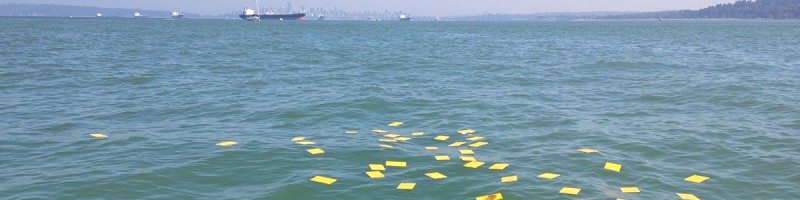 Drift cards float in the water with a tanker in the background