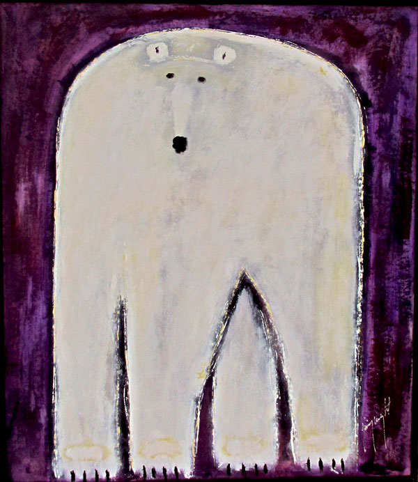 A large white bear painted on a purple background