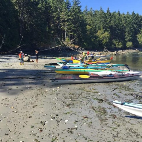 Kayaks on a beach during the Peoples Paddle for the Salish Sea 2015