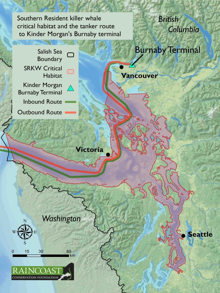 Map of the Salish Sea, illustrating Southern Resident killer whale critical habitat, and overlapping oil tanker routes