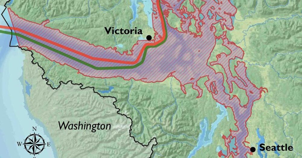 Close up map of the Salish Sea, illustrating Southern Resident killer whale critical habitat, and overlapping oil tanker routes