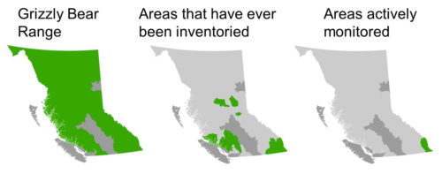 Three maps side by side comparing the range, inventory and monitoring of Grizzly bears.
