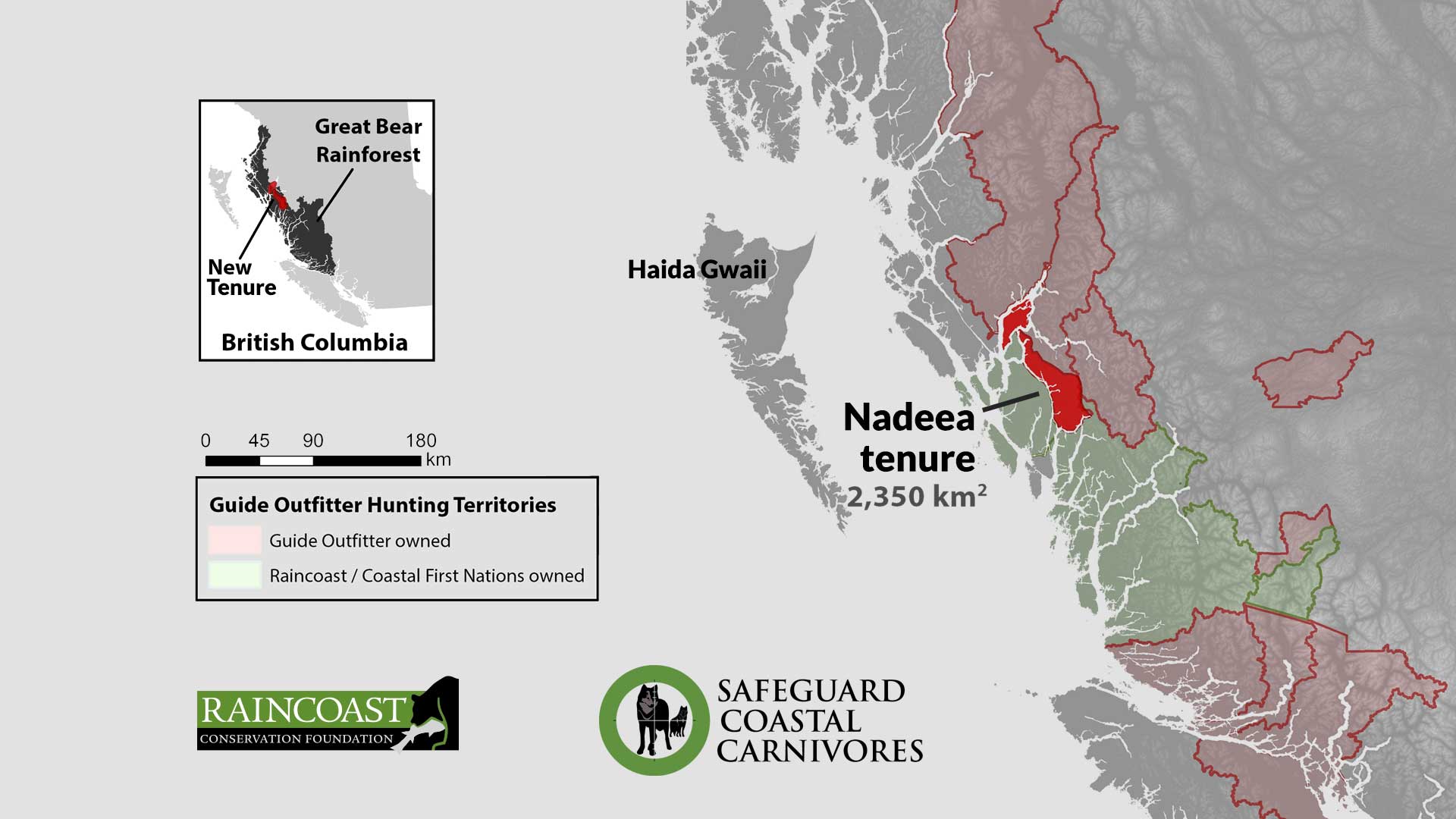 A map of guide outfitter hunting tenures in the Great Bear Rainforest, showing the new tenure we are working to acquire.