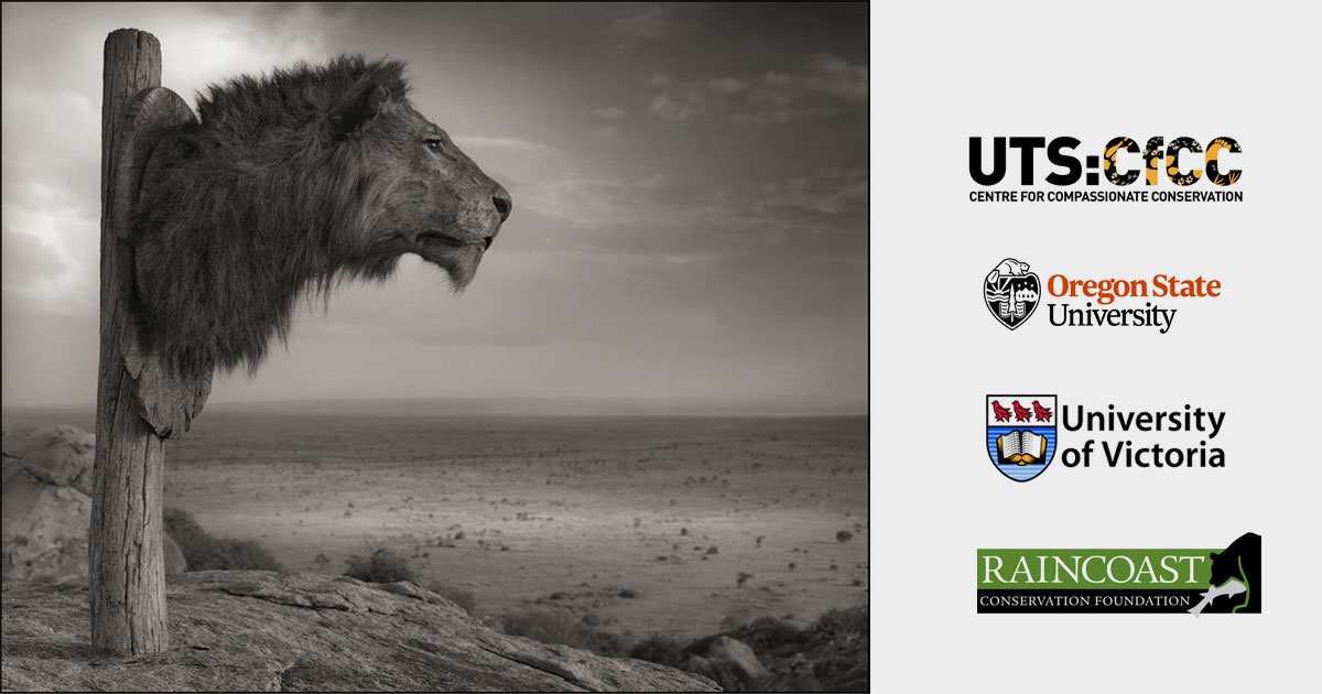 A lion head is attached as a trophy to a post overlooking a large expanse of desert, and several University logos on the right hand side.