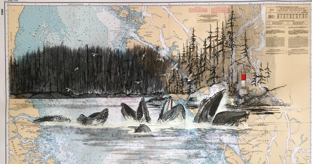 Forest and Humpbacks drawn over a map of the Hecate Strait.