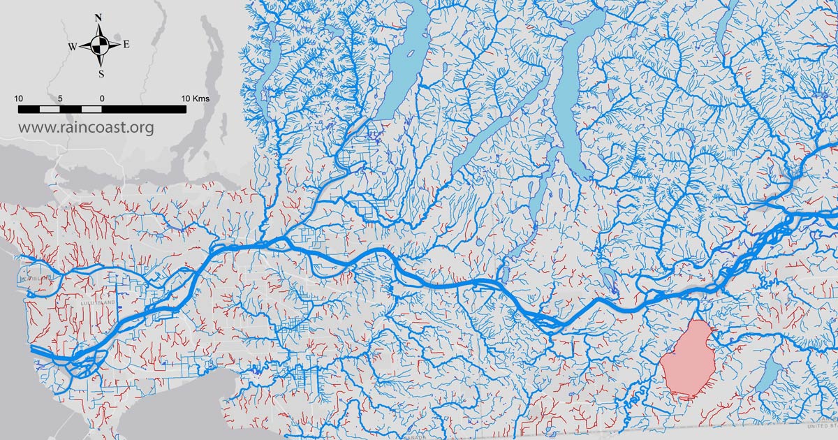 Close up of a map of streams and lost stream in the Fraser river watershed.