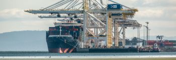 A container ship get loaded at a terminal near Vancouver.
