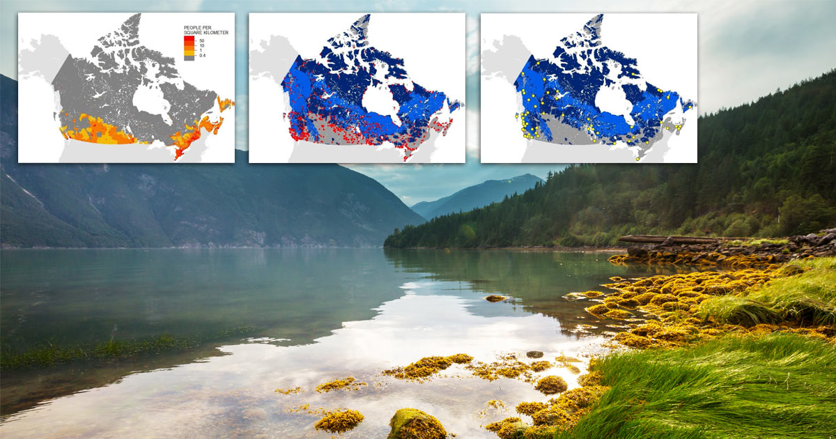 Three maps of human populations especially Indigenous communities, overlaid on a photo of mountains and waters of the Great Bear Rainforest.