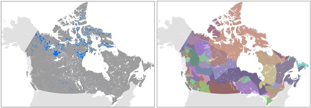 State-recognized Indigenous lands in Canada (left), vs. Indigenous territories as described at Native-land.ca (right). State-recognized lands are derived from “Aboriginal Lands of Canada Legislative Boundaries” dataset and include reserves, land claim settlement lands, and Indian Lands.