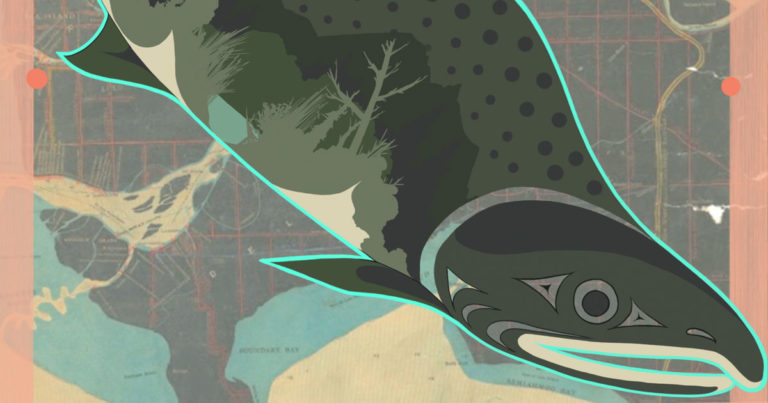 An illustration of a salmon swimming down with a map in the background.