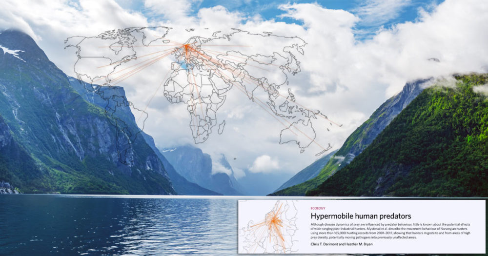 A map of disease vectors is overlayed on a photo of a Norwegian Fjord, with a headline at the bottom: Hypermobile human predators.
