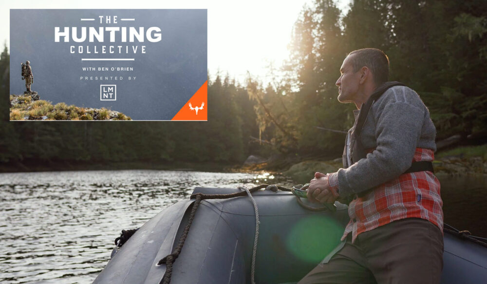 The Hunting Collective podcast brand to the left of Chris Darimont on a river in the central coast.