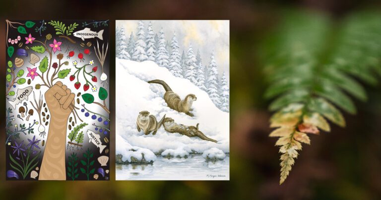 Two painting float in the foreground of an out of focus fern from Flycatcher Forest.