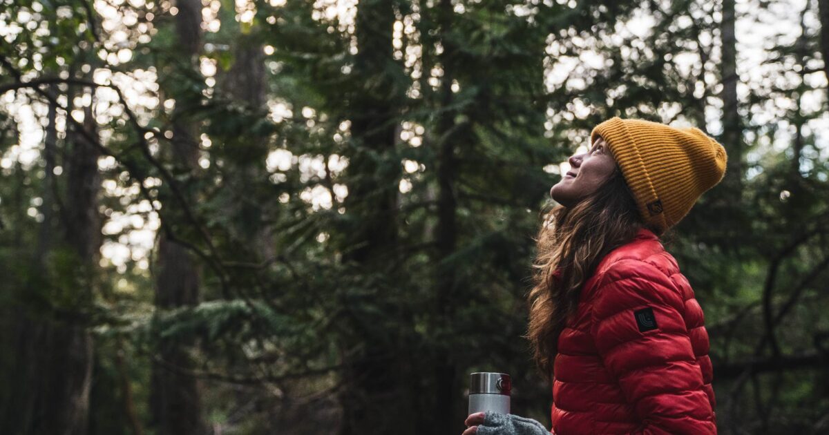 Shauna Doll looking up at a large Douglas-Fir tree.