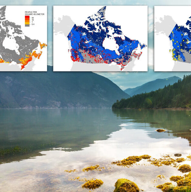 Three maps of human populations especially Indigenous communities, overlaid on a photo of mountains and waters of the Great Bear Rainforest.