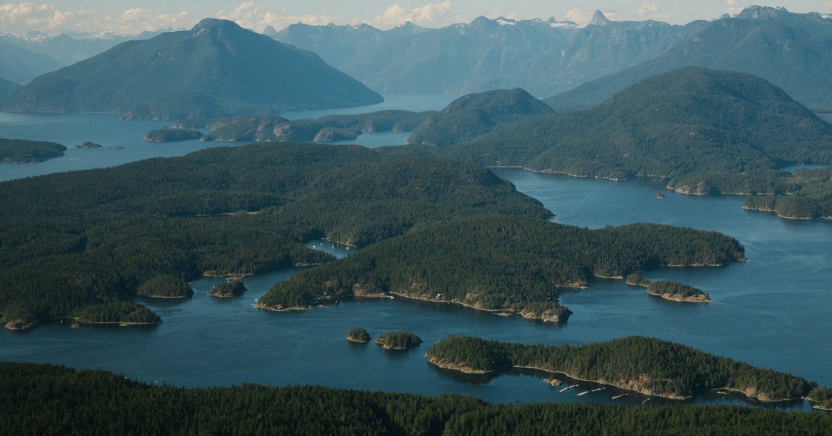 Aerial photo of an inlet in the Southern Great Bear Rainforest