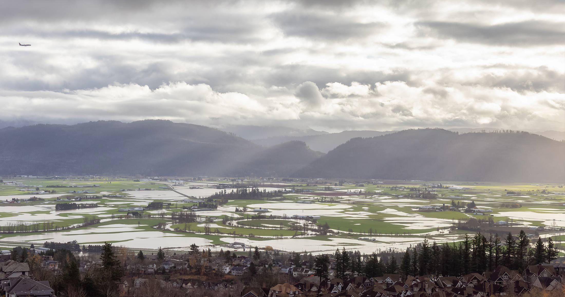 Drone image of Sumas Prairie farm fields flooded.