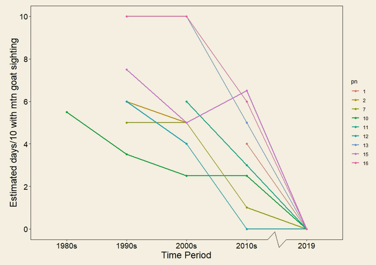 Estimated number of days out of 10 with a mountain goat sighting in Kitasoo Xais'xais territory for each decade from 1980 to 2019.