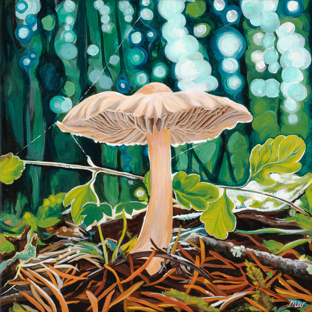 Painting of a mushroom on the forest floor surrounded by blue and green light.