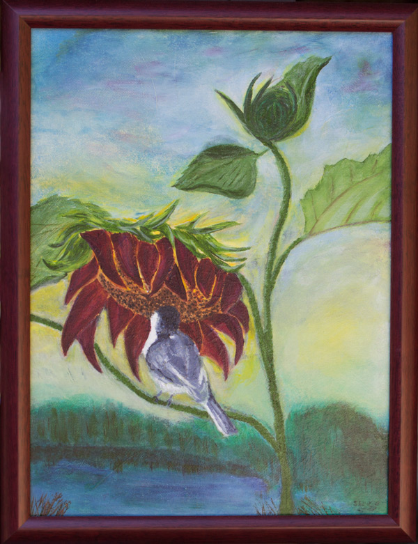 A framed painting of a bird at a flower, by Sandy Shreve.