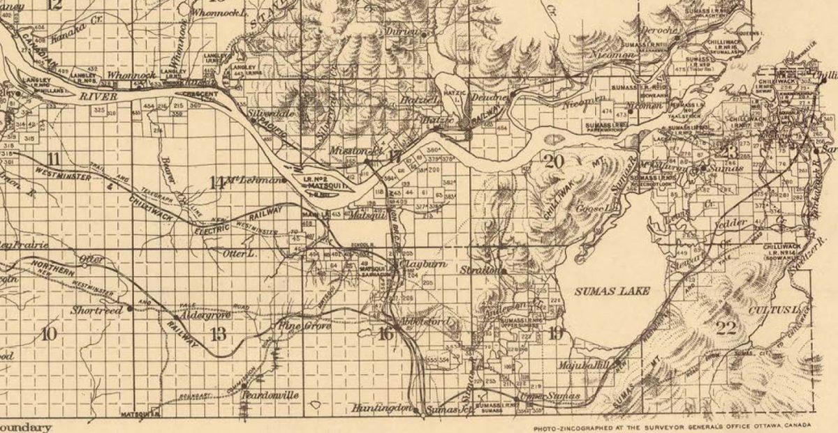 Government map from 1913 of Sumas Lake prior to drainage (City of Vancouver Archives).