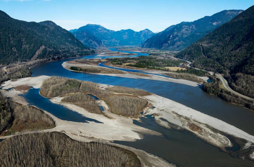 Drone photo of the meandering Fraser River.