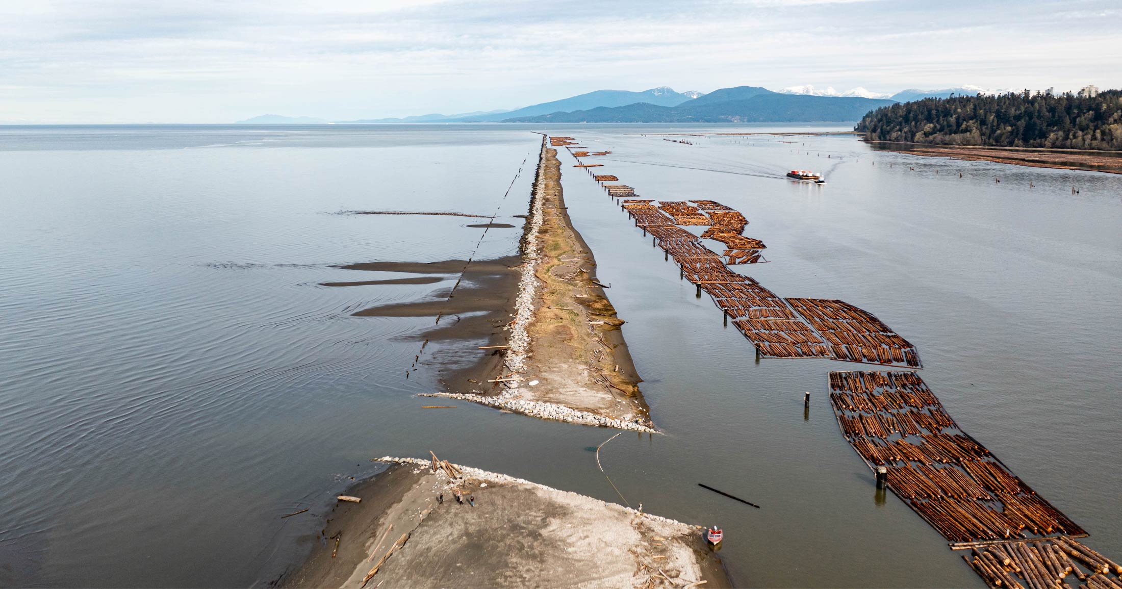 An aerial photo of the jetty clearly showing the breach where salmon swim to safety.