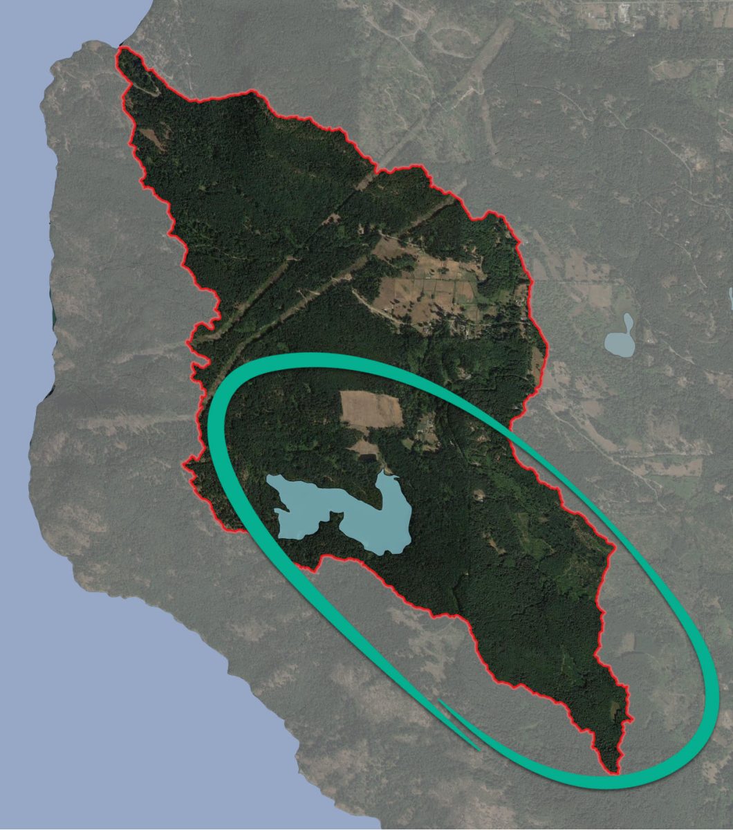 Maxwell Creek Watershed highlighted in red, with green circle indicating the study area of the Maxwell Creek Watershed Project.