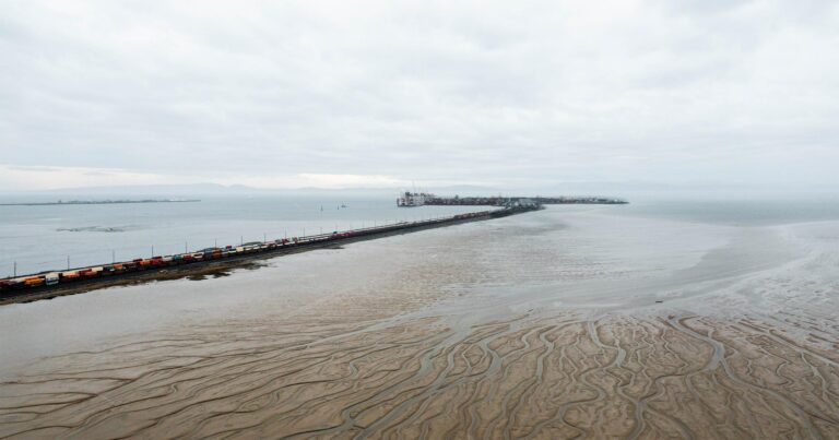 Drone photo of the port of Vancouver in the Fraser River estuary.
