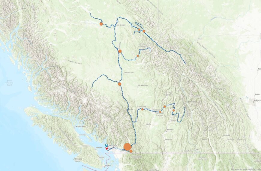 Map of BC displaying the Fraser River and tributaries as blue lines, the number of salmon that came from each river as orange circles, and the locations of jetty breaches as blue and red pins.