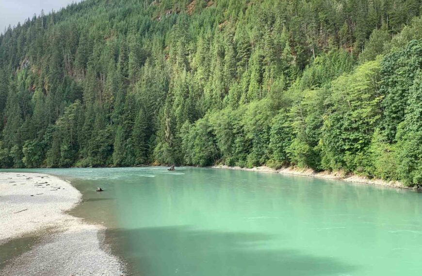 A turquoise river runs along a forested mountain.