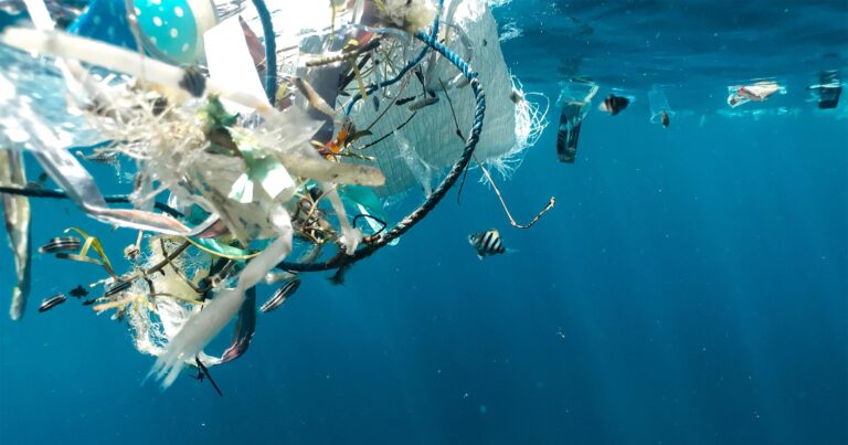 Underwater photo of plastic floating near the top of the water.