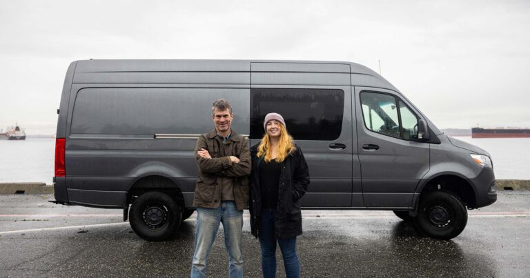 Sam Scott and Peter Ross standing in front of the future mobile lab, which is a grey sprinter van.