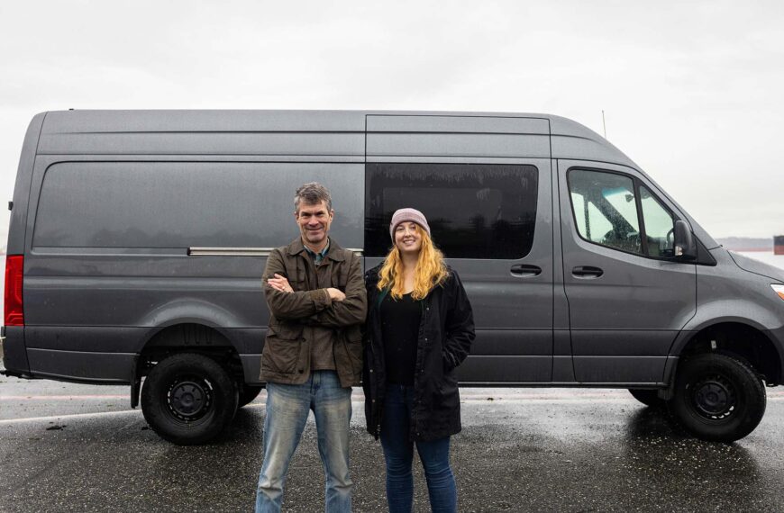 Sam Scott and Peter Ross standing in front of the future mobile lab, which is a grey sprinter van.