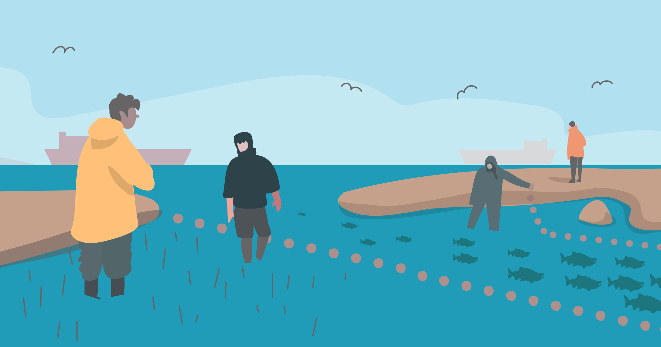 Illustration of scientists standing in the estuary watching the salmon swim through.