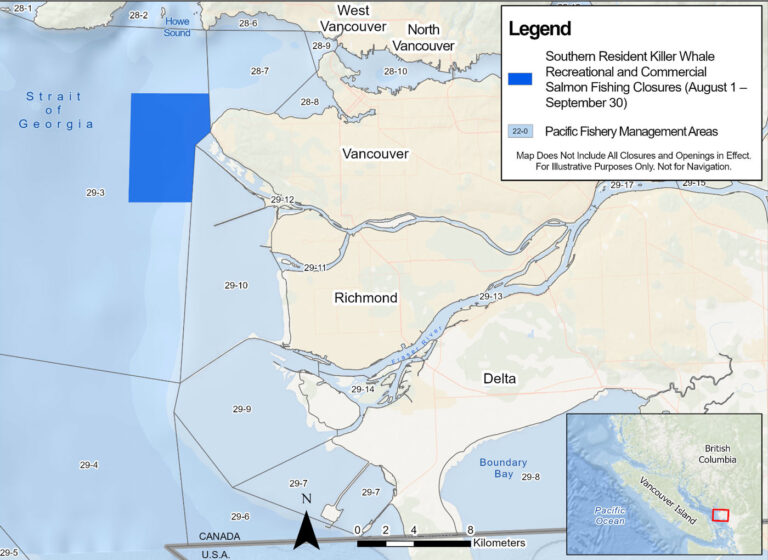 A DFO map of the Fraser river running into the Salish Sea with some SRKW habitats marked off.