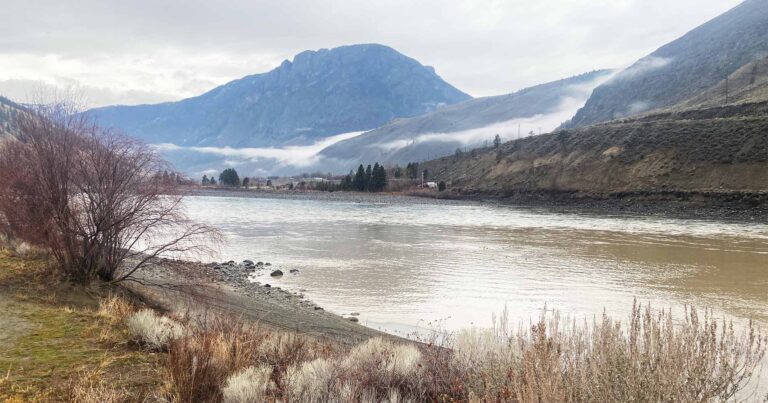 Landscape of Nicola River with mountains in the background.