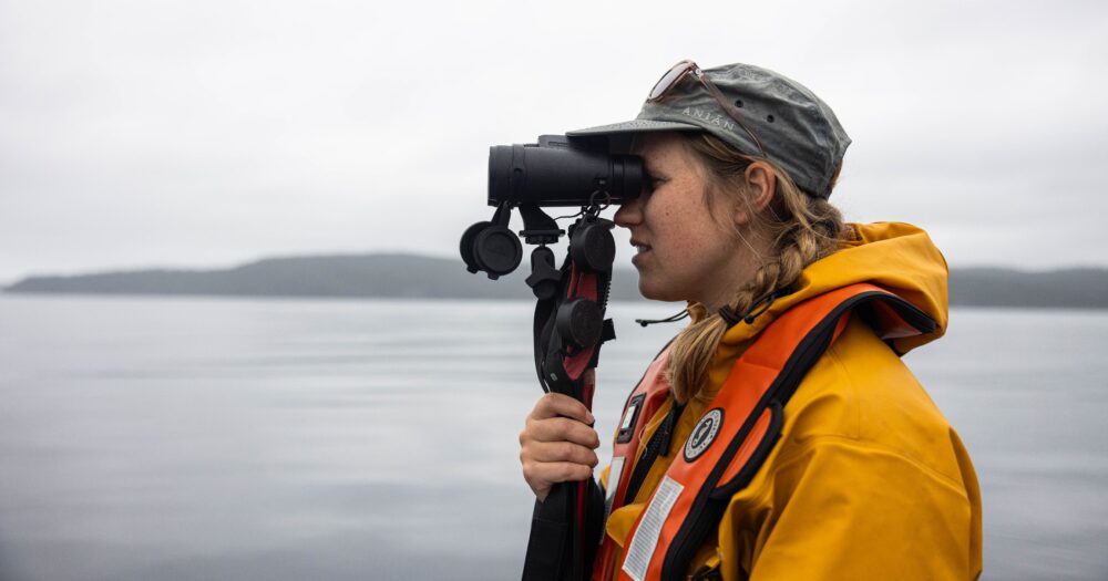 A person in a yellow jacket looking through binoculars at the ocean.