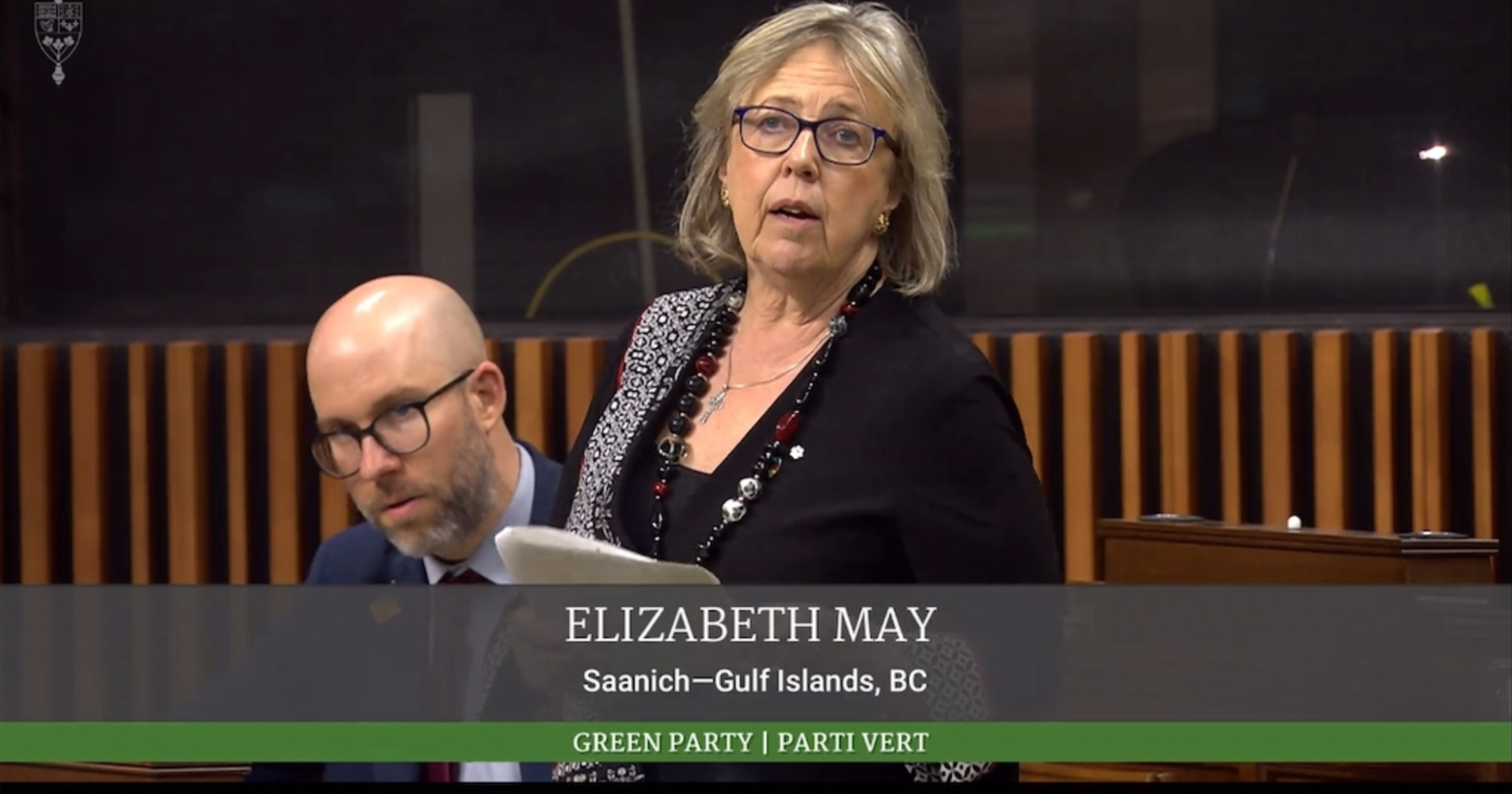 Elizabeth May reading from a paper in the House of Commons.
