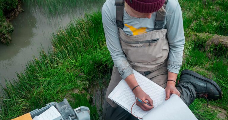 Paige Roper sitting on the ground in the estuary jotting down data.