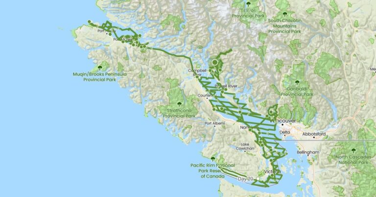 A map centered on Vancouver Island with green lines in the water showing the movement of Achiever in September 2024.
