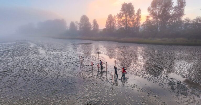 A crew stands in the Fraser River Estuary planning their next move.